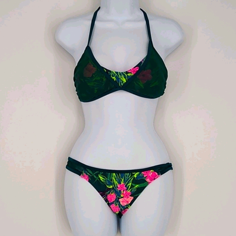 Xhilaration Tropical Floral Leaf Mesh Blue Tie Bikini Set Medium Small Vacation